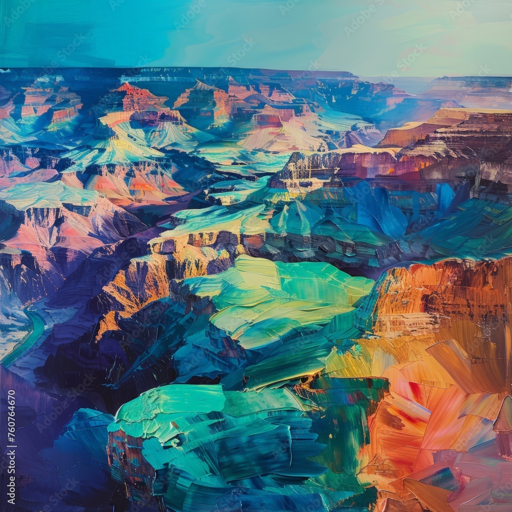 A canyon is depicted in a painting with a clear blue sky in the background