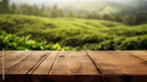 The empty wooden table top with blur background of tea plantation. Exuberant image. generative AI © Summit Art Creations
