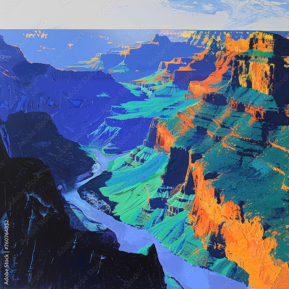 A detailed painting capturing the vastness and intricate rock formations of the Grand Canyon in vivid colors