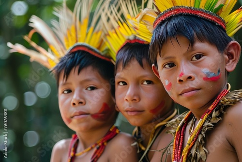 Curious Amazonia native tribe children. Culture jungle. Generate Ai