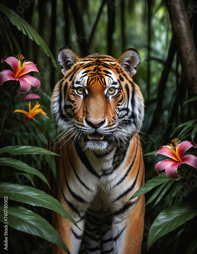 Tiger portrait in a dark tropical forest
