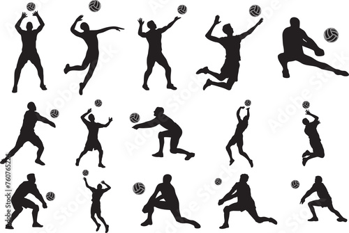Volleyball players in different poses in high quality illustration. Sports and games symbol for active life. Easy to use for competition or tournament poster or banner online or print.