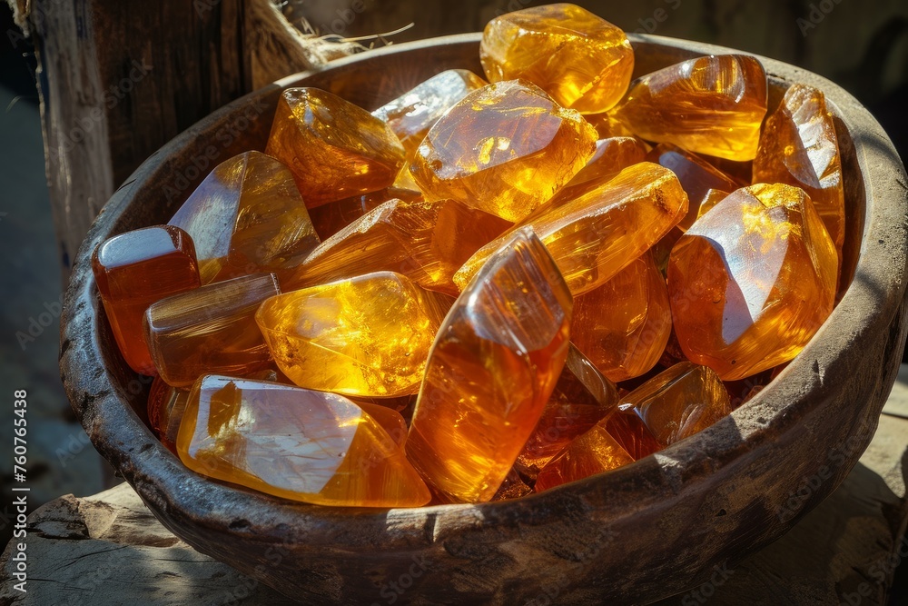Shimmering Amber stones. Natural yellow mineral. Generate Ai