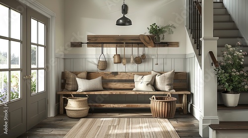 Rustic charm meets natural light in this farmhouse-style entryway with woven accents.