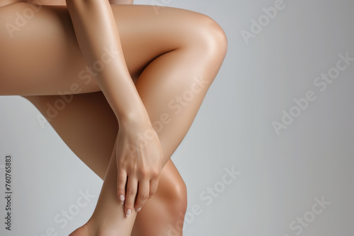 Female legs, studio monochromatic background. © serperm73