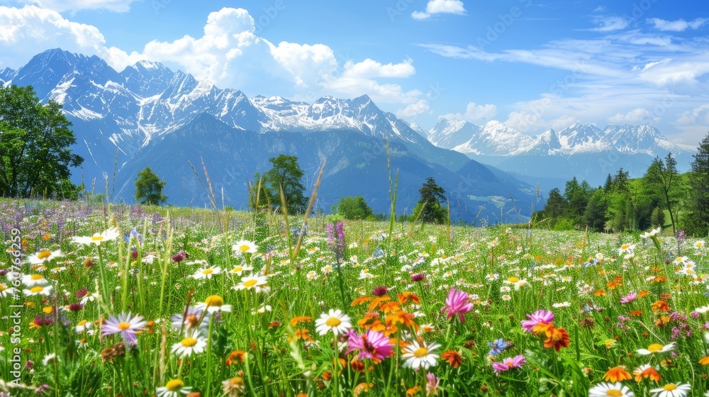 Alpine Meadow Blooming with Wildflowers and Mountain Vistas - obrazy, fototapety, plakaty 