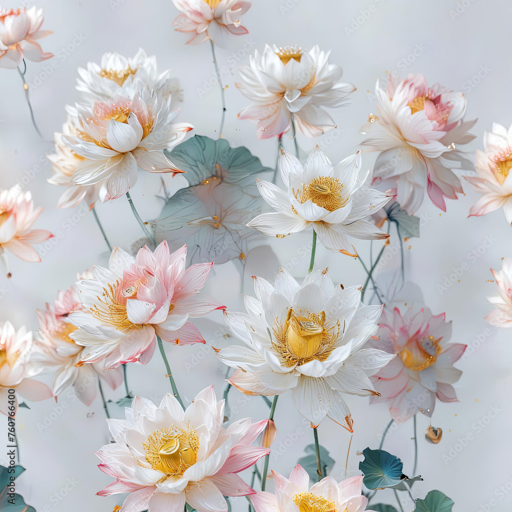 Neon Lotus Flowers on White Background with Metallic Sheen Gen AI