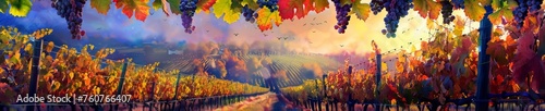 Colorful autumn vineyard panoramic landscape with grapevines and a sunset sky. Harvest season and wine tourism concept.