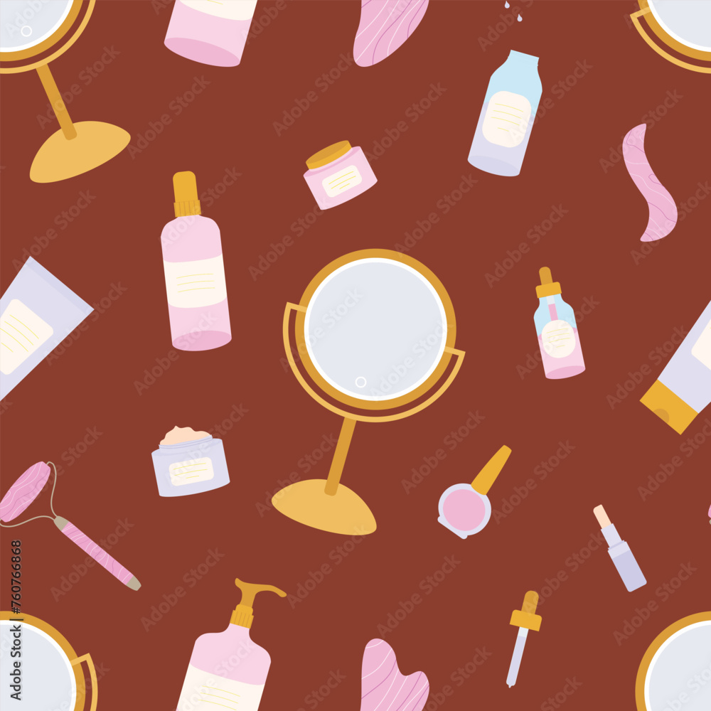 Vector seamless pattern with makeup mirror, gua sha roller ans stones, organic skin products. Facial moisturized cream, toner, cleanser, massage oil1