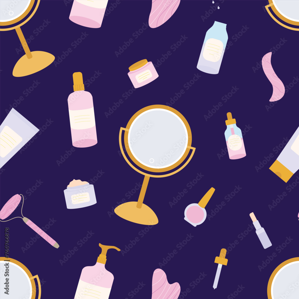 Vector seamless pattern with makeup mirror, gua sha roller ans stones, organic skin products. Facial moisturized cream, toner, cleanser, massage oil Vector seamless pattern with makeup mirror, gua sha roller ans stones, organic skin products. Facial moisturized cream, toner, cleanser, massage oil