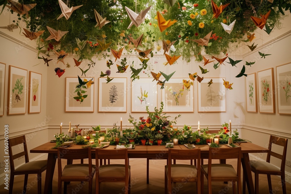 An elegant dining room transformed with Earth Day-inspired decorations, where a large, solid oak table stands under a ceiling installation of hanging greenery and recycled paper origami birds.