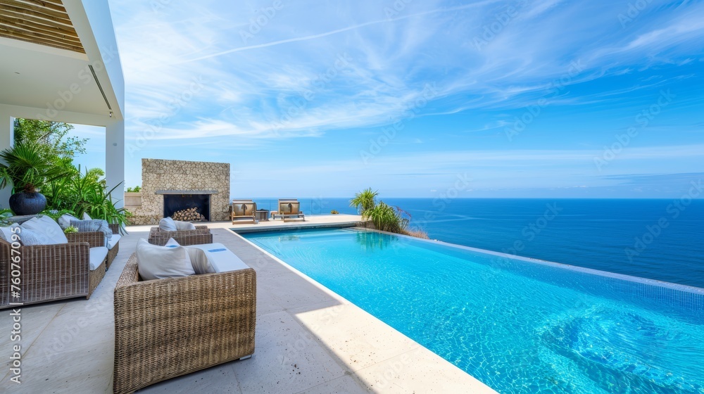 Infinity pool with a fireplace overlooking the ocean, luxury villa terrace with panoramic view.