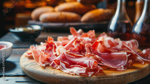 Delicate slices of freshly cut jamon displayed on a wooden table within the interior of a restaurant.