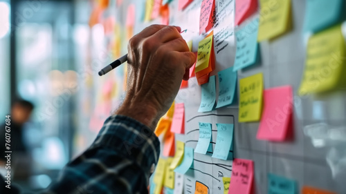 A person's hand is captured placing a colorful sticky note on a glass wall filled with planning notes during a collaborative session.
