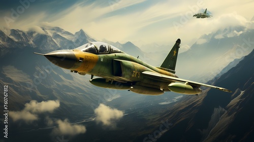 Fighter in flight against the background of the mountains. 3d rendering