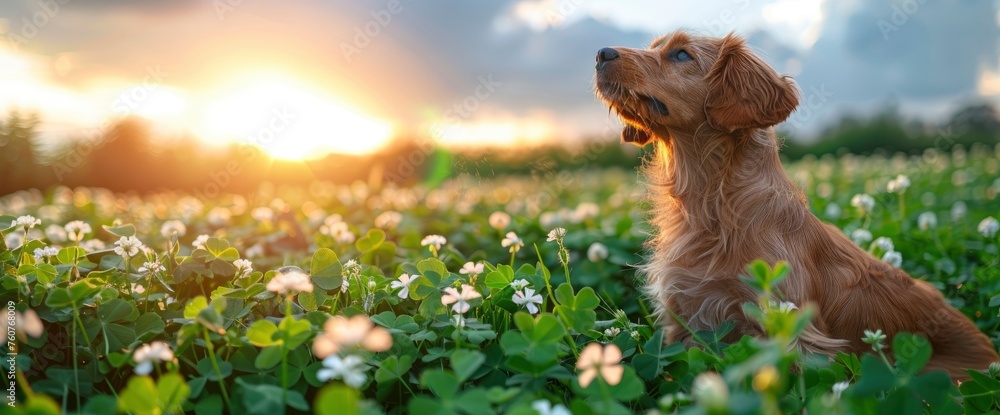 A regal Irish Setter standing proudly amidst a field of clovers, with a rainbow stretching across the sky in the background, celebrating St Patrick's Day, Wallpaper Pictures, Background Hd A regal Irish Setter standing proudly amidst a field of clovers, with a rainbow stretching across the sky in the background, celebrating St Patrick's Day, Wallpaper Pictures, Background Hd