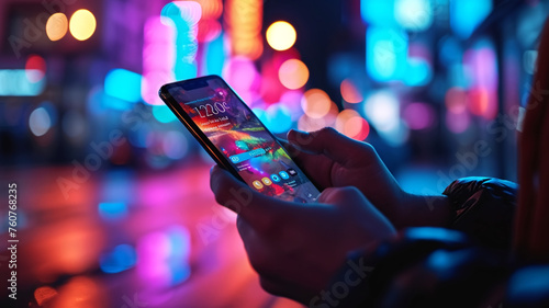 A person's hands holding a smartphone with a colorful illuminated screen against a backdrop of a lively city nightlife. 