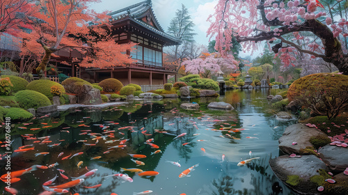 Japanese garden with cherry blossoms, rockery and pond. Generative AI.