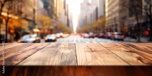 The empty wooden table top with blur background of NYC street. Exuberant image. generative AI