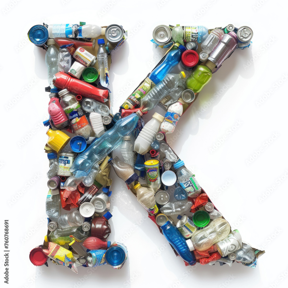 Alphabet Letter  K Constructed From Mixed Recyclable Materials on a Clean Background