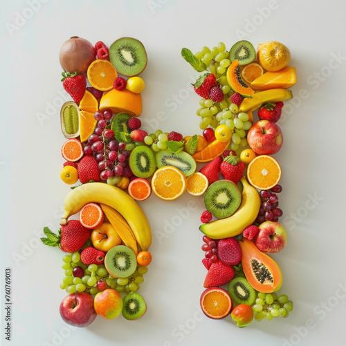 Vibrant Assortment of Fruits Arranged in Alphabet Letter H  on Pristine Background