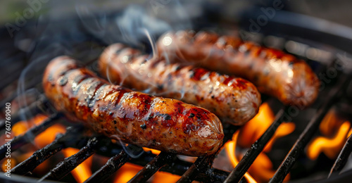 Sizzling sausages cooking on a flaming grill