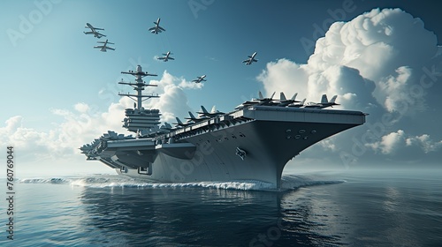 The carrier's deck, a dynamic scene with fighter jets preparing for takeoff.