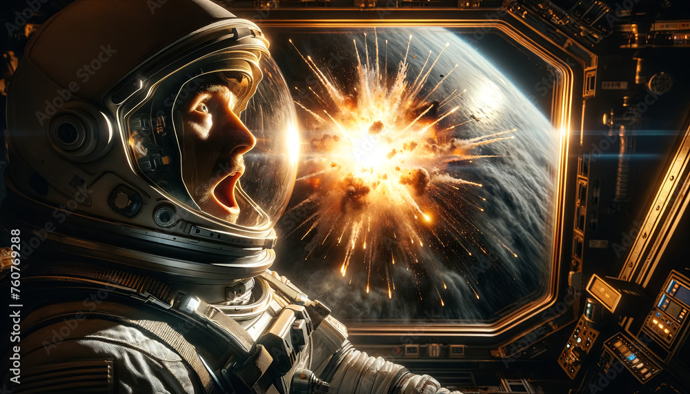 Astronaut in profile looking out a space station window on dramatic scene nuclear explosion. - obrazy, fototapety, plakaty 
