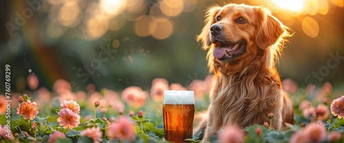 A serene Basset Hound sitting amidst a field of clovers, with a rainbow in the sky and a pint of beer beside it, celebrating St. Patrick's Day, Wallpaper Pictures, Background Hd photo
