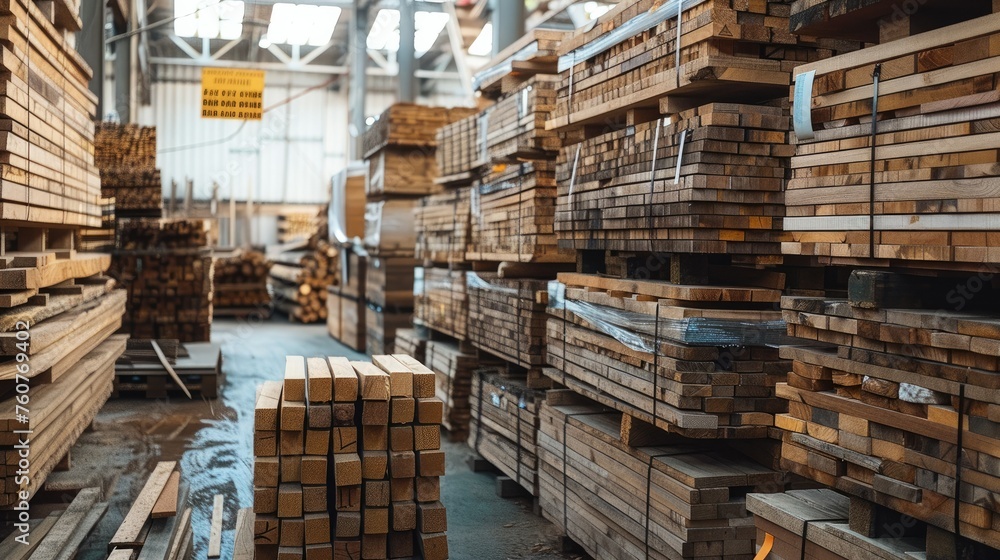 Piles of fresh white oak planks stacked in the warehouse. Generative AI. Piles of fresh white oak planks stacked in the warehouse. Generative AI.