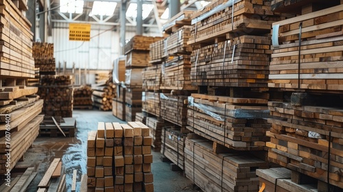 Piles of fresh white oak planks stacked in the warehouse. Generative AI. photo