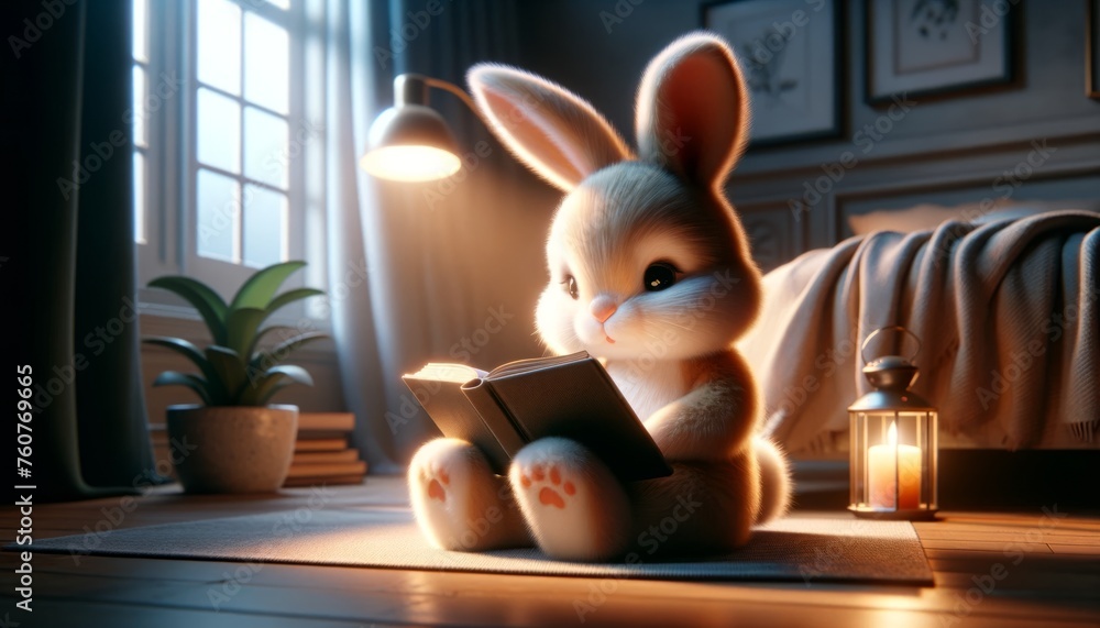 Cute Baby Rabbit Reading Book. Cartoon Bunny Sitting on the Floor in Bedroom. Cozy Evening Room Interior Design. Soft Lighting. Adorable Character Illustration. Sweet Dreams Sand Good Night.