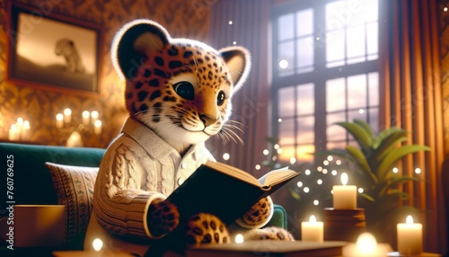 Cute Baby Leopard Reading Book. Cartoon Feline Animal Sitting on the Floor in Bedroom. Cozy Evening Room Interior Design. Soft Lighting. Adorable Character Illustration. Sweet Dreams Sand Good Night. photo