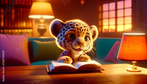 Cute Baby Leopard Reading Book. Cartoon Feline Animal Sitting on the Floor in Bedroom. Cozy Evening Room Interior Design. Soft Lighting. Adorable Character Illustration. Sweet Dreams Sand Good Night. photo