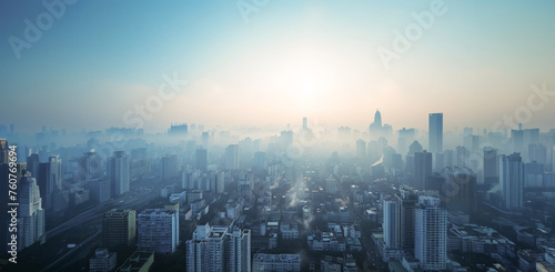 Hazy sunrise over the urban skyline