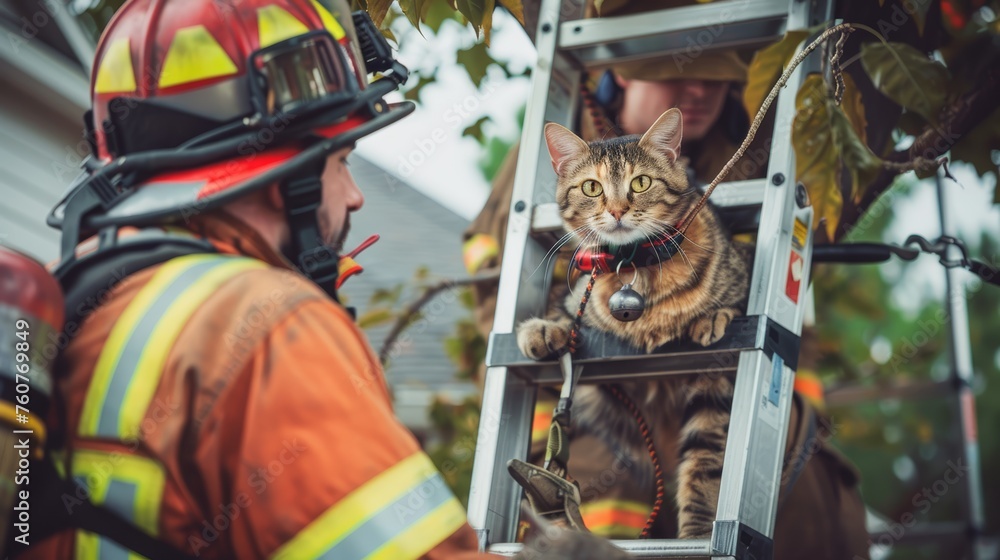 Cat on a fireman's ladder being rescued. Animal rescue and safety concept for design and print. Close-up view
