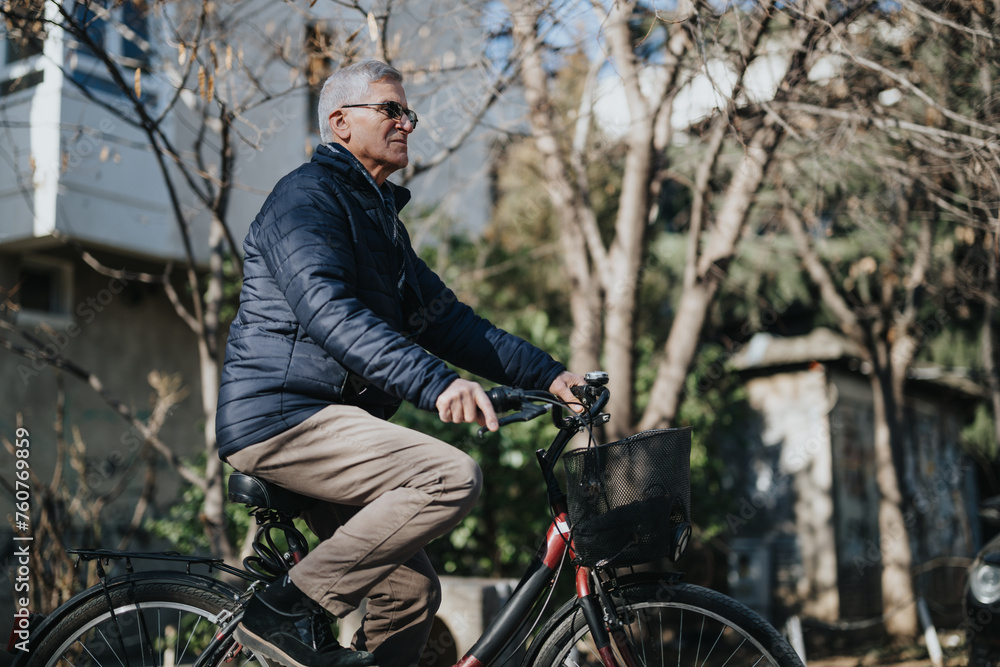 Fototapeta premium Active elderly male cyclist outdoors caught in a tranquil moment, riding his bike among trees with a serene expression.