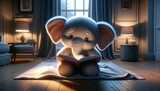 Cute Baby Elephant Reading Book. Cartoon Elephant Sitting on the Floor in Bedroom. Cozy Evening Room Interior Design. Soft Lighting. Adorable Character Illustration. Sweet Dreams Sand Good Night.