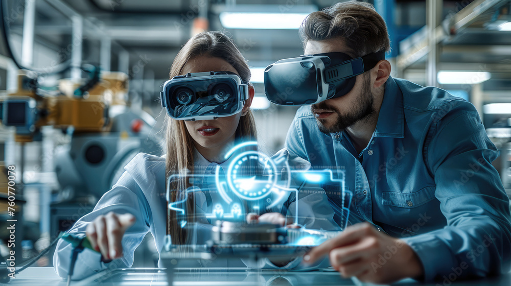 In a modern research lab, man and woman engineer work on a transparent digital tablet wearing virtual reality goggles. analyzing a 3D holographic projection of a complex machine part. Generative AI.