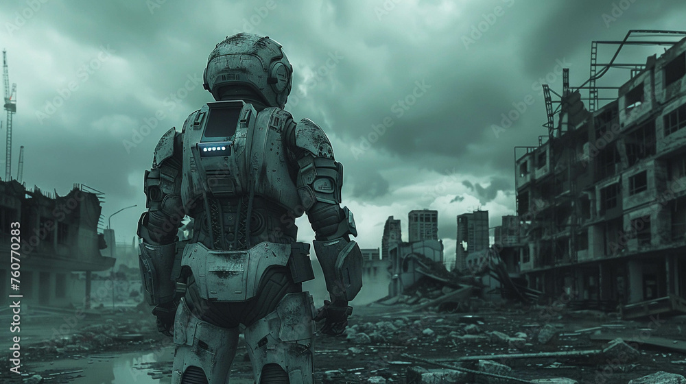Cybernetic Soldier, Stealth Armor, Enhanced human, scavenging through decaying city ruins, under dark, stormy sky Cybernetic Soldier, Stealth Armor, Enhanced human, scavenging through decaying city ruins, under dark, stormy sky
