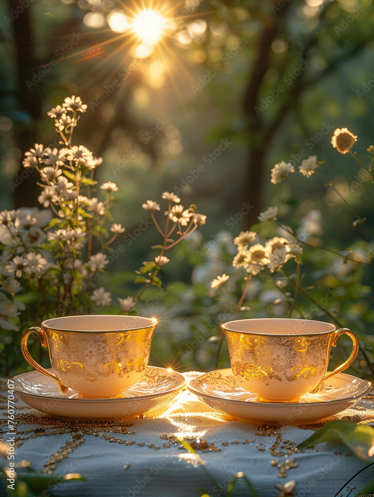 Enchanted teacups, delicate patterns, sparking conversations and unity in a whimsical garden