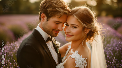 Bride and groom on their wedding day in lavender field.