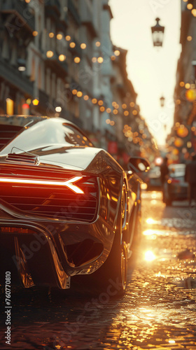 Thing, luxury car, provocative movie scene, urban setting photo