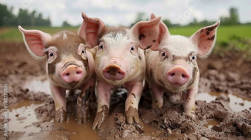 Delightful piglets gleefully frolicking in a muddy puddle, displaying high energy and playfulness