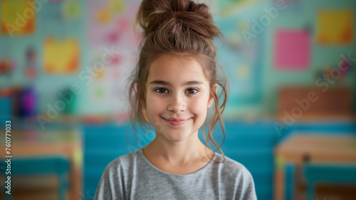 beautiful smiling young brunette child at the school