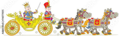 Angry king riding in his golden ceremonial carriage pulled by four funny royal horses at a festive military parade, vector cartoon illustration isolated on a white background