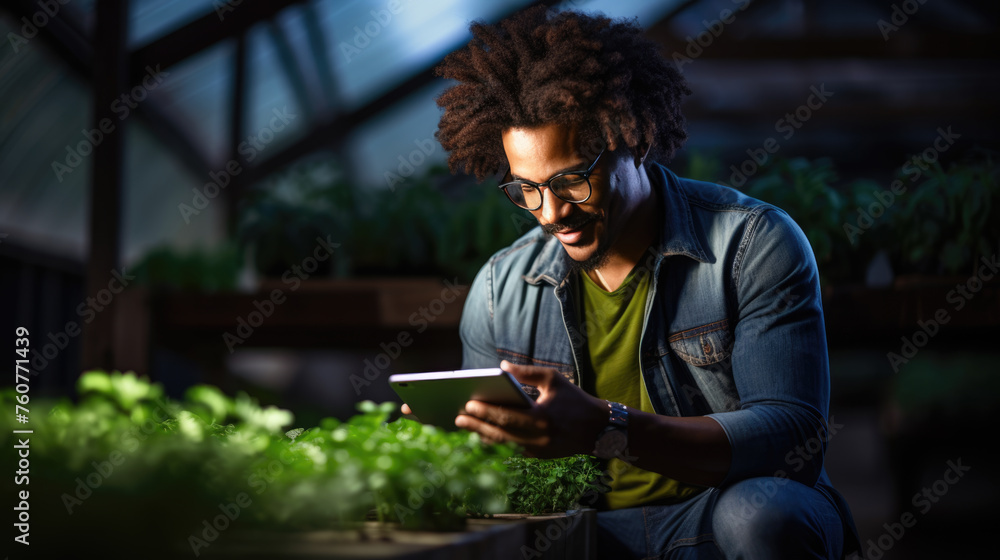 Obraz premium Male farmer stands and holds tablet in her hands in greenhouse