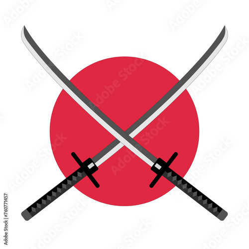 Japanese crossed katana swords on a red circle background.