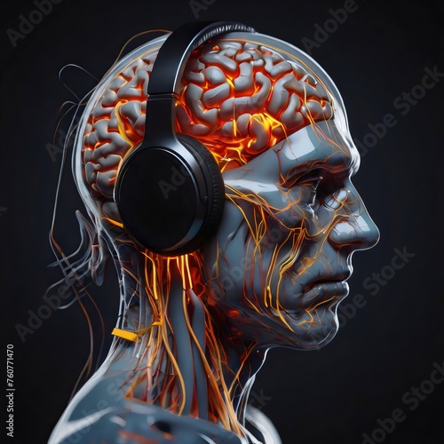 Brain activity in a depressed person using headphones to reduce stress photo