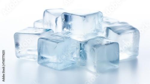Crystal Clear Ice Cubes Scattered on a White Background: A Refreshing Display of Frozen Water
